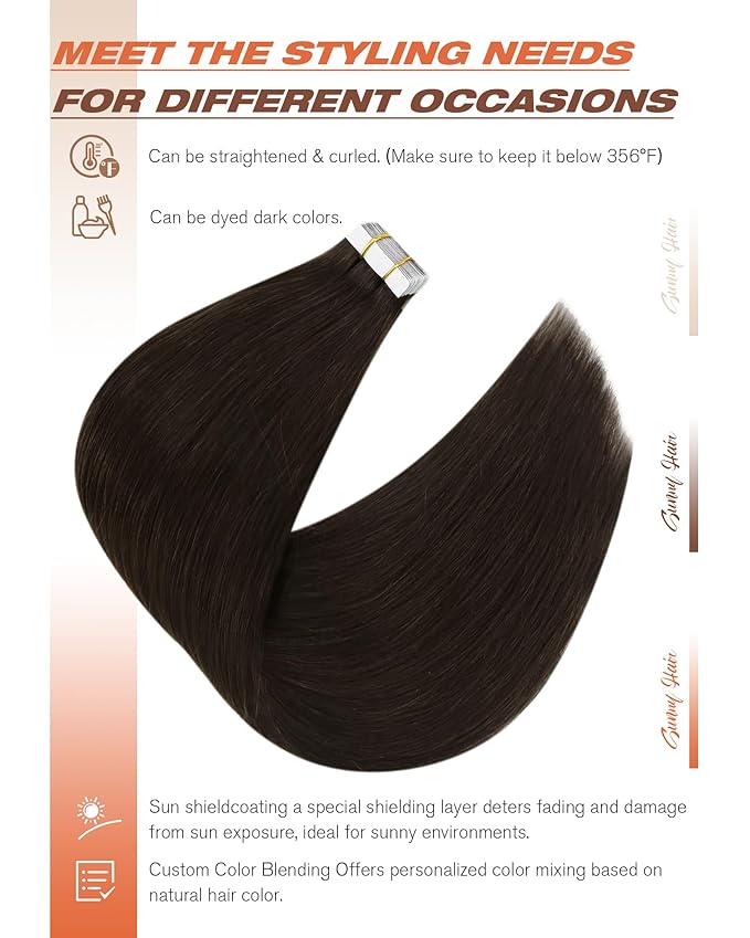 Sunny Hair Tape in Hair Extensions,Dark Brown Tape in Hair Extensions Human Hair Invisible Remy Human Hair Tape in Extensions 24 inch 20Pcs