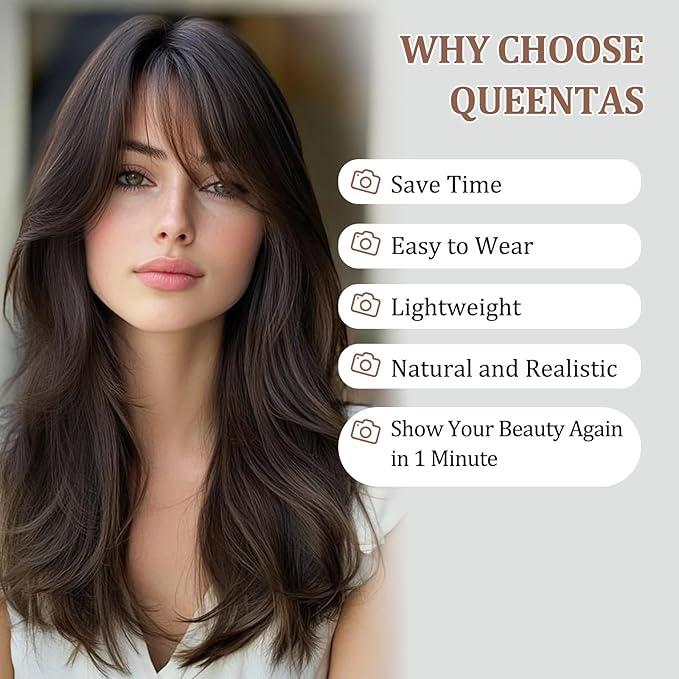 QUEENTAS 22" Curly Hair Topper for Women with Thinning Hair Daily Wear 360°3D Cover Up 6.5"*6" Fluffy Brown Wavy Hair Pieces with Bangs(Dark Brown)