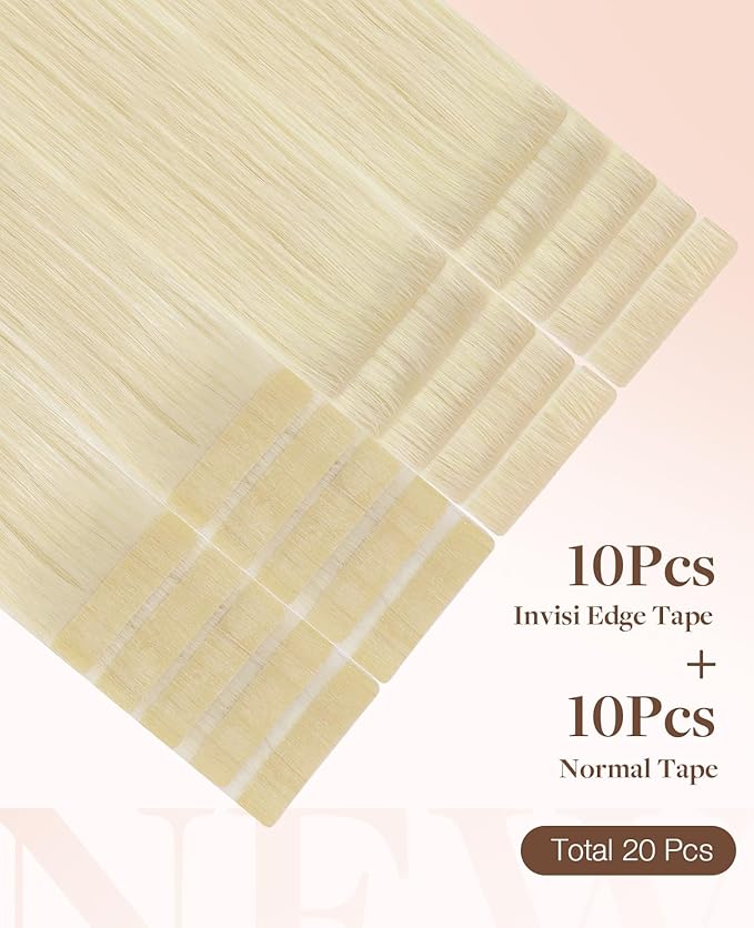 GOO GOO Invisi Edge Tape in Hair Extensions Human Hair, 60A Platinum Blonde 10pcs injected with 10pcs classical tape ins, 14inch 50g, Virgin Remy Hair, Natural Look
