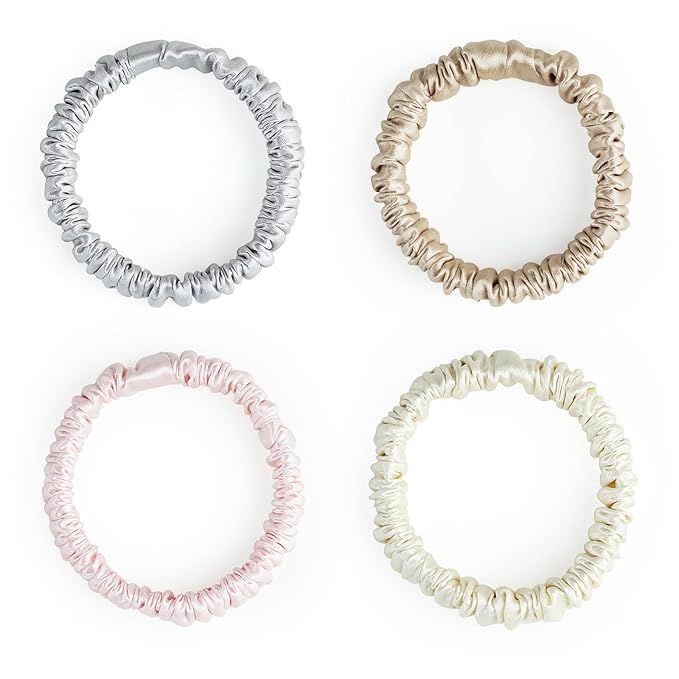 22 Momme 100% Mulberry Silk Hair Ties, Well-Hold Elastic for No-Damage (4Pack,Champagne,LightGray,CreamWhite,LightPink), 6A, Scrunchies, Reduces Frizz & Breakage, OEKO-TEX Certified