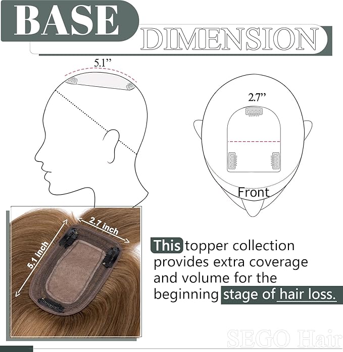 SEGO Hair Toppers for Women Real Human Hair with Thinning Hair, Toppers Hair Pieces Clip in Toppers Straight Hair Pieces with Front Bangs 150% Density Silk Base -6 Inch #6 Light Brown