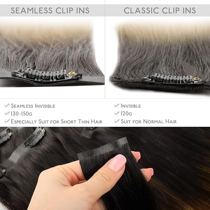 WENNALIFE Seamless Clip In Hair Extensions Human Hair, 12 Inch 80g 7pcs Dark Brown to Chestnut Brown and Dirty Blonde Highlighted Real Hair Extensions Clip in Human Hair Invisible PU Skin Weft Natural