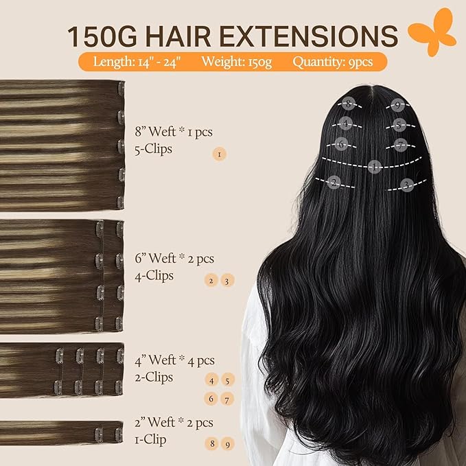 DOORES Clip in Human Hair Extensions, Balayage Chocolate Brown to Honey Blonde 24 Inch 9pcs 150g, Real Hair Clip ins Thick Silky Straight