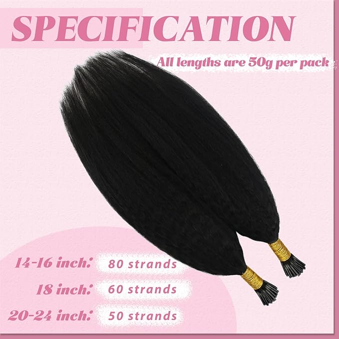 YoungSee Kinky Itip Hair Extensions Real Human Hair Black I Tip Hair Extensions Human Hair Kinky Straight 24 Inch 50g 50s Black Itip Hair Extension for Black Women Long Hair Extension