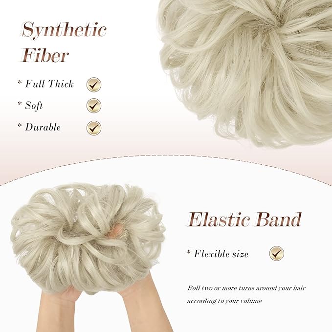 FESHFEN Messy Bun Hair Piece - Elastic Wavy Curly Hair Bun Scrunchies Extensions Synthetic Chignon Hairpieces for Women Girls, Ash Platinum Blonde 1.5 oz