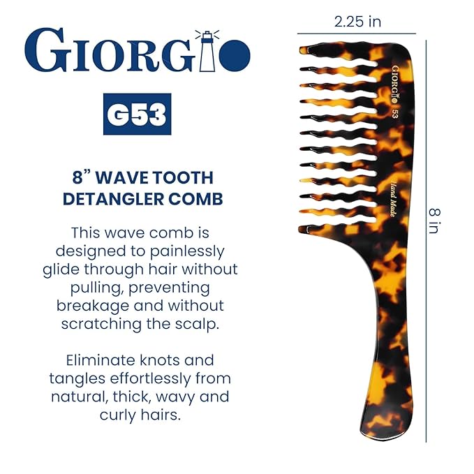 Giorgio G53 Wide Tooth Rake Comb for Curly, Thick Hair - Handmade Detangler for Wet and Dry Hair, Hand Polished (8")