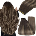 YoungSee Sew in Human Hair Extensions Balayage Hand Tied Weft Hair Extensions Human Hair Sew in Extensions Chocolate Brown with Ash Blonde Balayage Straight Hair Bundle 18Inch 100G