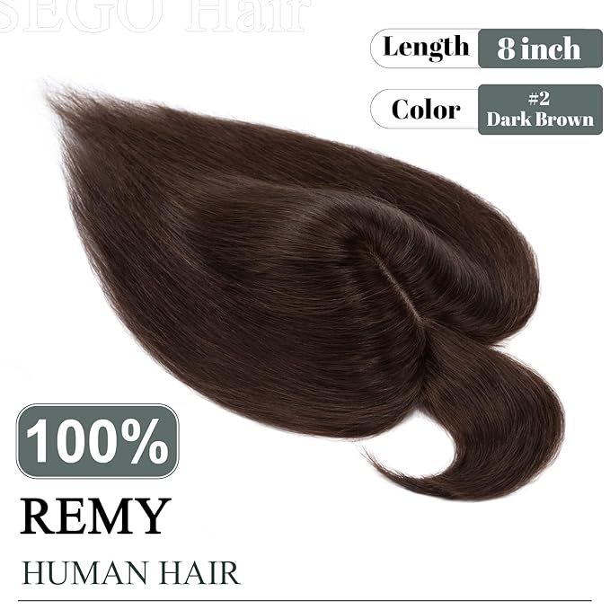 SEGO Hair Toppers for Women Real Human Hair, Clip In Topper Pieces with Front Bangs for Thinning Hair, Straight, 150% Density, Silk Base, 8 Inches,#2 Dark Brown