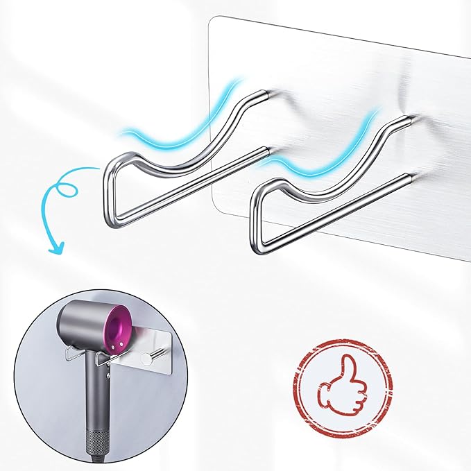 Hair Dryer Holder Wall Mounted, Universal Blow Dryer Holder, Hairdryer Storage Hanger with Plug&Cord Hook, Adhesive Hair Tool Organizer for Bathroom, Silver