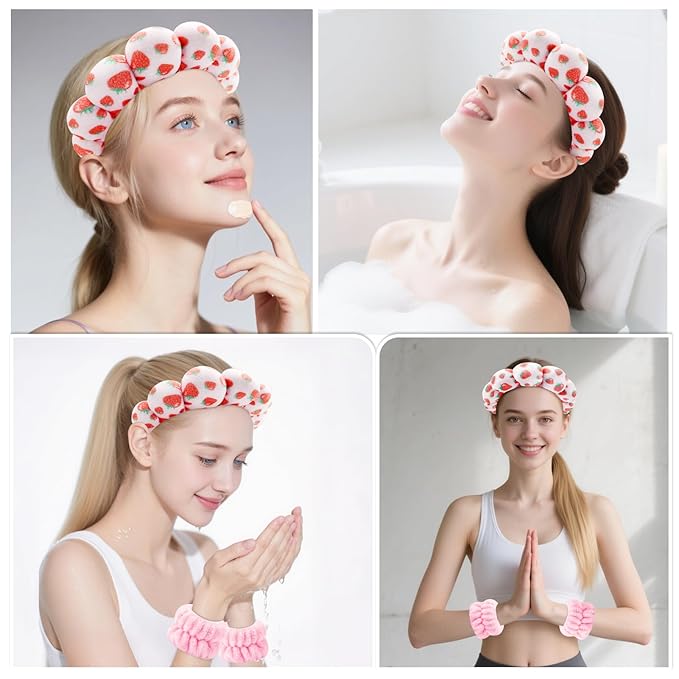Zkptops Spa Headband for Washing Face Wristband Set Sponge Makeup Skincare Velvet Fabric Bubble Soft Get Ready Hairbands for Women Puffy Pink Headwear Non Slip Thick Thin Hair Accessory (Strawberries)