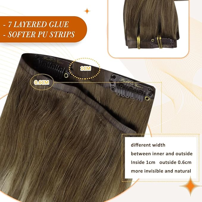 Full Shine Seamless Clip in Hair Extensions Human Hair Brown Balayage Hair Extensions Real Human Hair Brown with Blonde Highlights Softness 18 Inch 8 PCS 120 G