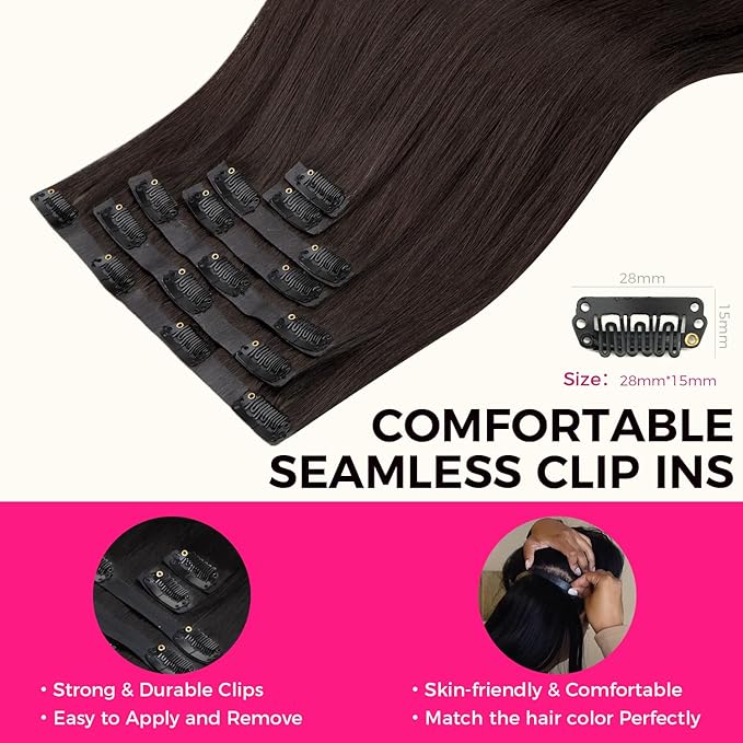 Lashey Seamless Clip in Hair Extensions Human Hair #2 Dark Brown Light Yaki Straight Clip in Extensions Real Human Hair 7pcs 110g 16 Inch PU Weft Natural Hair Extensions for Women