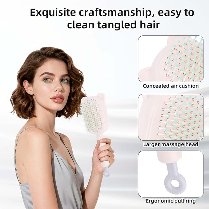 Retractable Air Cushion Massage Comb for Woman, Comfortable Self-Cleaning Detangling Hair Clean Brush with Pull Ring Anti-Static Comb for All Hair Types (White)