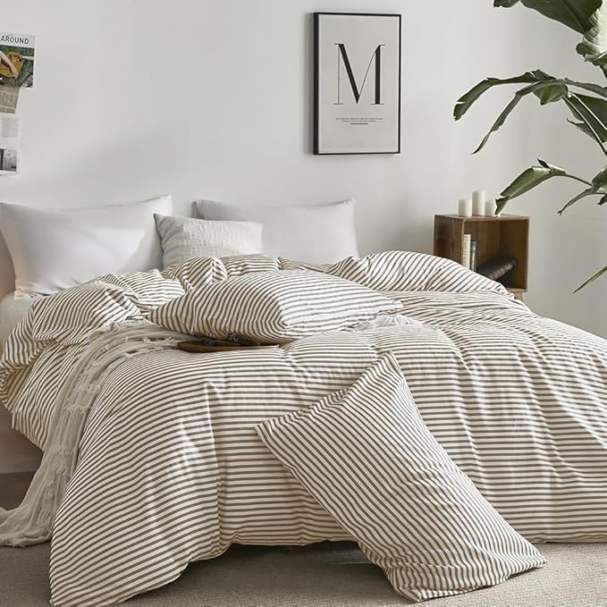 JELLYMONI 100% Natural Cotton Striped Queen Pillowcases Set, 2 Pack White and Khaki Stripes Pattern Printed Pillow Covers with Envelope Closure(Pillows are not Included)