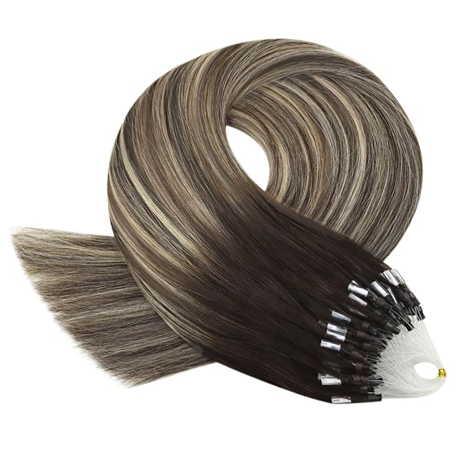 YoungSee Microbead Hair Extensions Human Hair Dark Brown Ombre Blonde Microlink Hair Extensions Human Hair Dark Brown Balayage Micro Loop Hair Extension 24 Inch 50g 50s Cold Fusion for Long Hair
