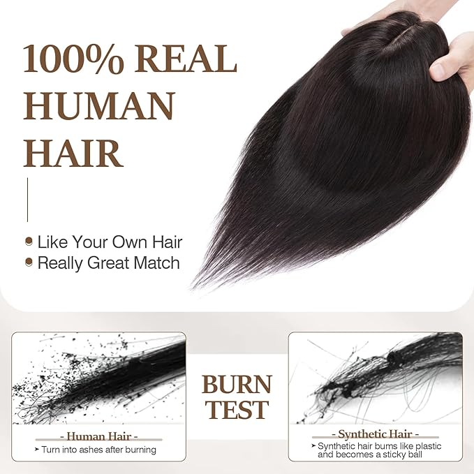 Rich Choices Hair Toppers for Women Real Human Hair 100% Human Remy Toppers NO Bangs for Women with Thinning on Top Clip in Hairpiece 4"x4.7"Lace Base 8 Inch #1B Natural Black