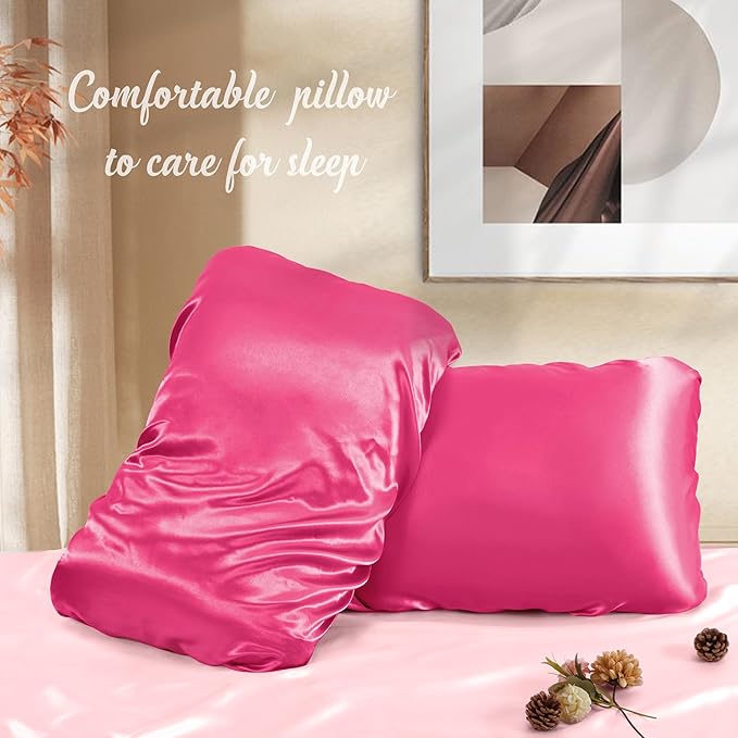 Manyshofu Satin Pillowcases for Hair Protection - 2Pcs Hot Pink Pillow Cases, Elastic Band Standard & Queen Satin Pillowcases Luxury Silky Pillow Cases Travel Pillow Covers