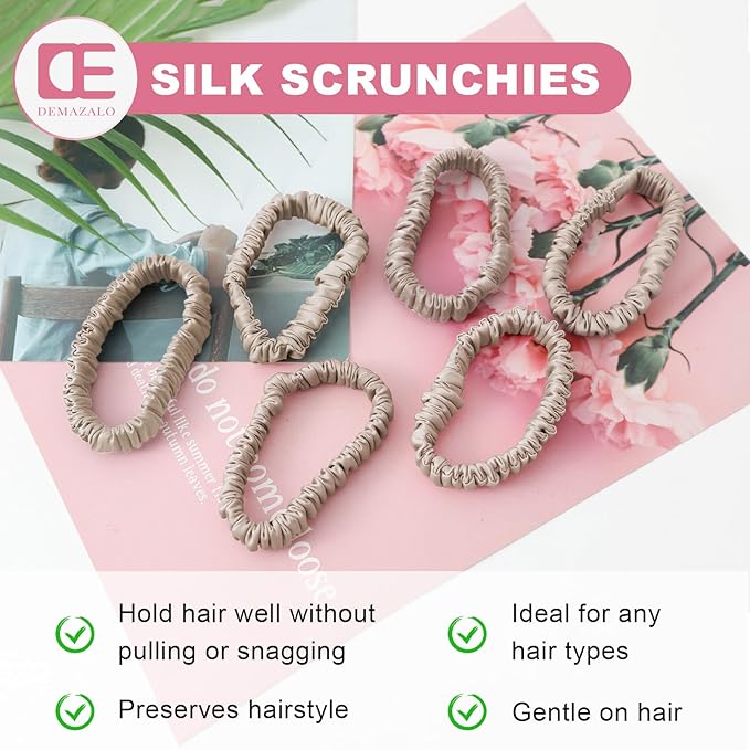 6Pcs Silk Hair Ties Small 22 Momme 100% Pure Mulberry Silk Scrunchies for Women Girls Thin Skinny Hair Sleep Scrunchies No Damage(Color 09)