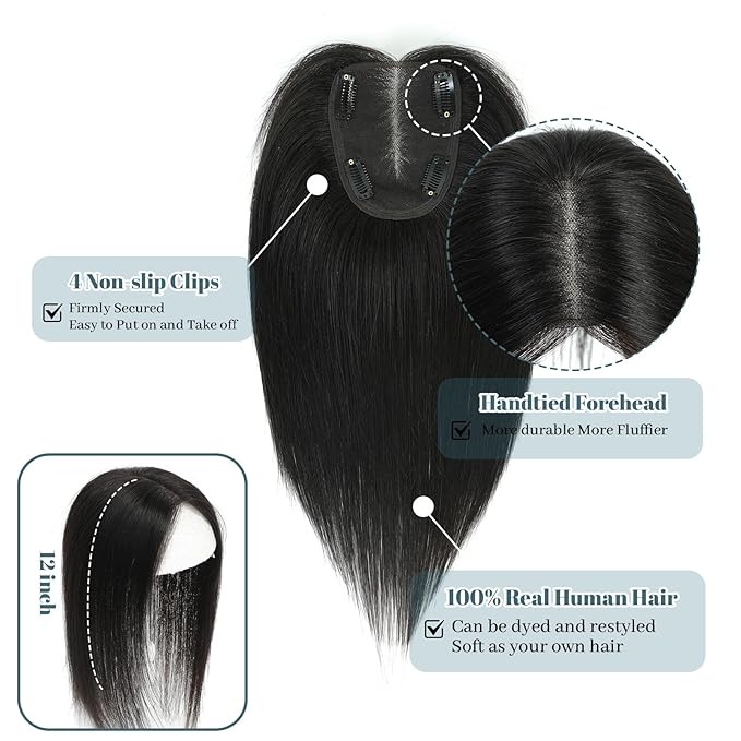 Human Hair Toppers for Women Real HairTopper with Thinning Hair 120% Density Round Shaped Swiss Base Hair Pieces 40g-Natural Black (12inch, 1B)