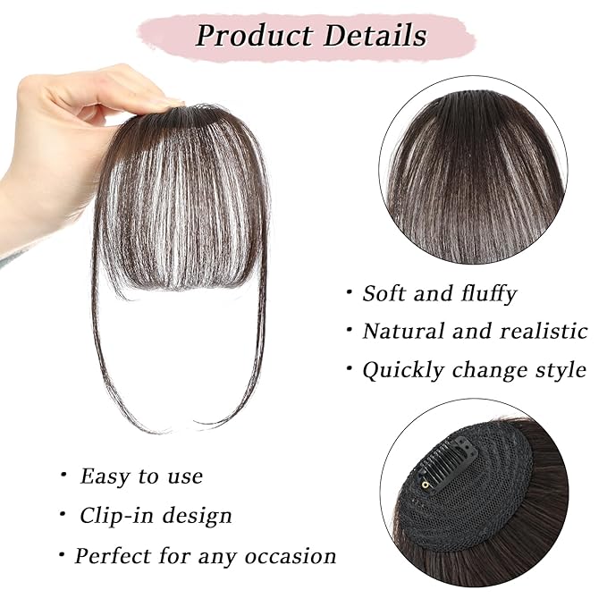 Clip in Bangs Real Human Hair Dark Brown Wispy Bangs Fake Bangs with Fringe Clip on Bangs Curved Bangs Hairpieces for Women Daily Wear
