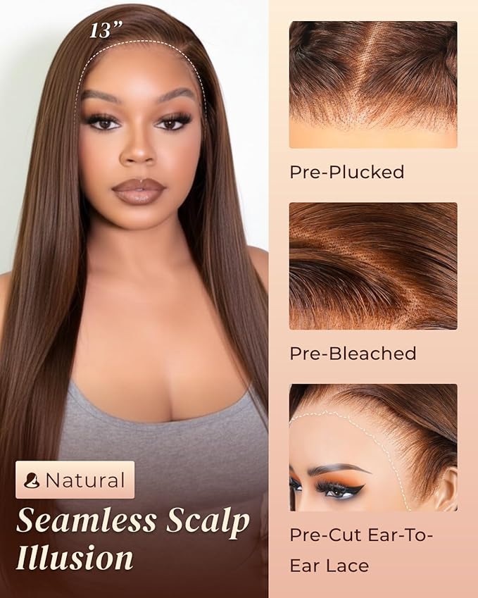 Arabella 13x6 Chocolate Brown Lace Front Wig 210% Brown Glueless Wig Human Hair Real HD Lace Front Wig True Pre Plucked Pre Bleached Pre Cut Glueless Wig (24inch,13x6 Chocolate Brown Straight wig)