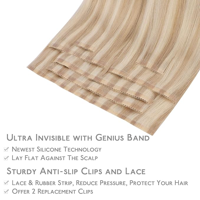 WENNALIFE Lace Seamless Clip in Hair Extensions Human Hair 7pcs Ultra Invisible 50% Thinner Seamless Clip Ins Dirty Blonde Highlighted Bleach Blonde Natural Remy Hair 16 inch