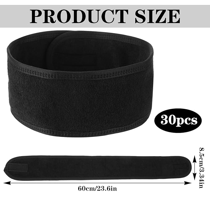 30 Pcs Spa Headband, Facial Head Wrap for Women Adjustable Makeup Stretch Towel with Tape Fit Face Washing Shower Facial Mask Yoga(Black)