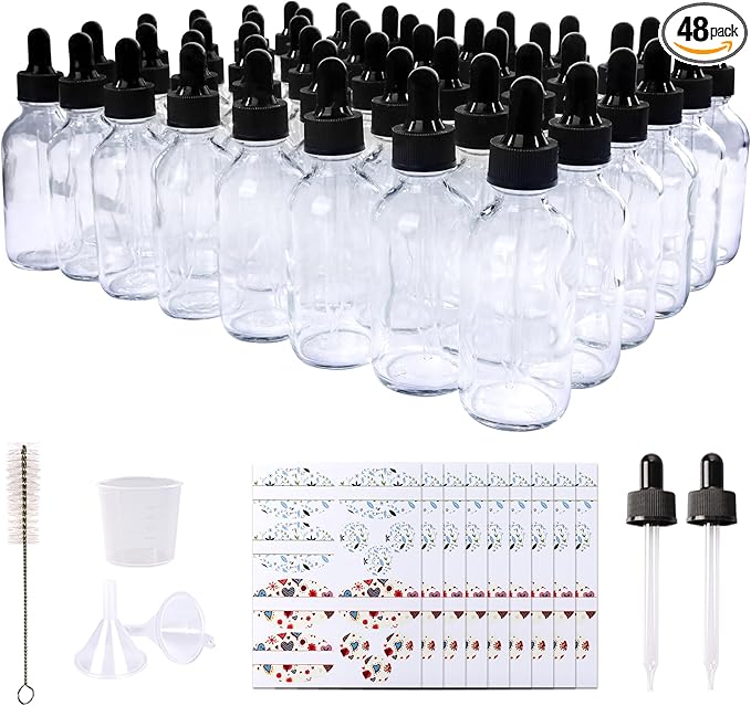 48 Pack 2oz Clear Glass Bottles with Glass Eye Droppers for Essential Oils, Perfumes & Lab Chemicals (Brush, Funnels, 2 Extra Droppers, 54 Pieces Labels & 30ml Measuring Cup Included)