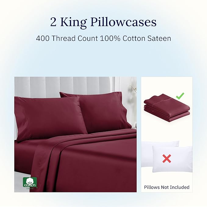 California Design Den King Size Pillowcase Set - 400 Thread Count, 100% Cotton Sateen, Set of 2 Pillow Covers, Soft and Breathable - Burgundy Red
