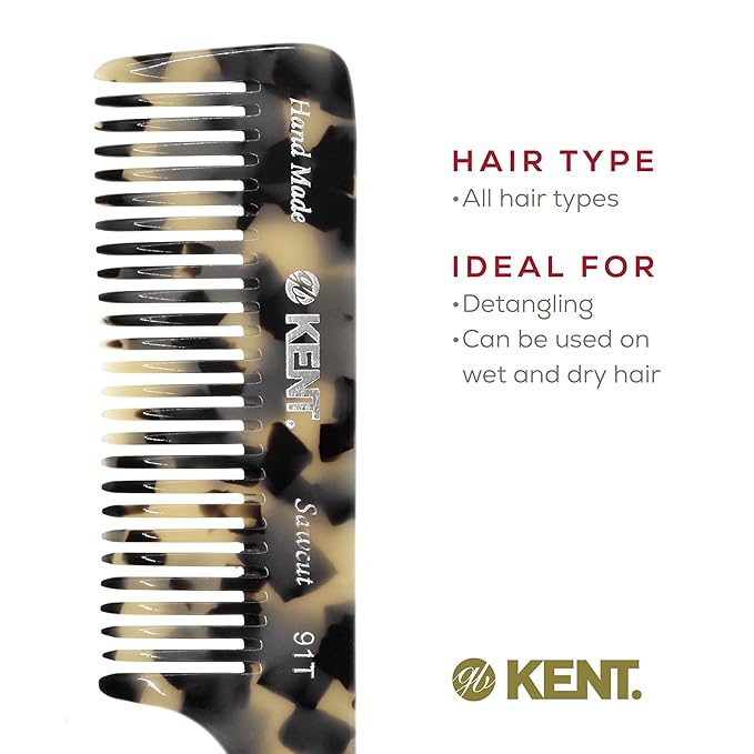 Kent 91T TW Detangler Comb for Women, Wide Tooth Hair Comb for Curly and Wavy Hair - for use in Dry or Wet Hair, Large Handle Shower Comb for Effective Detangling, Handmade Sawcut and Polished
