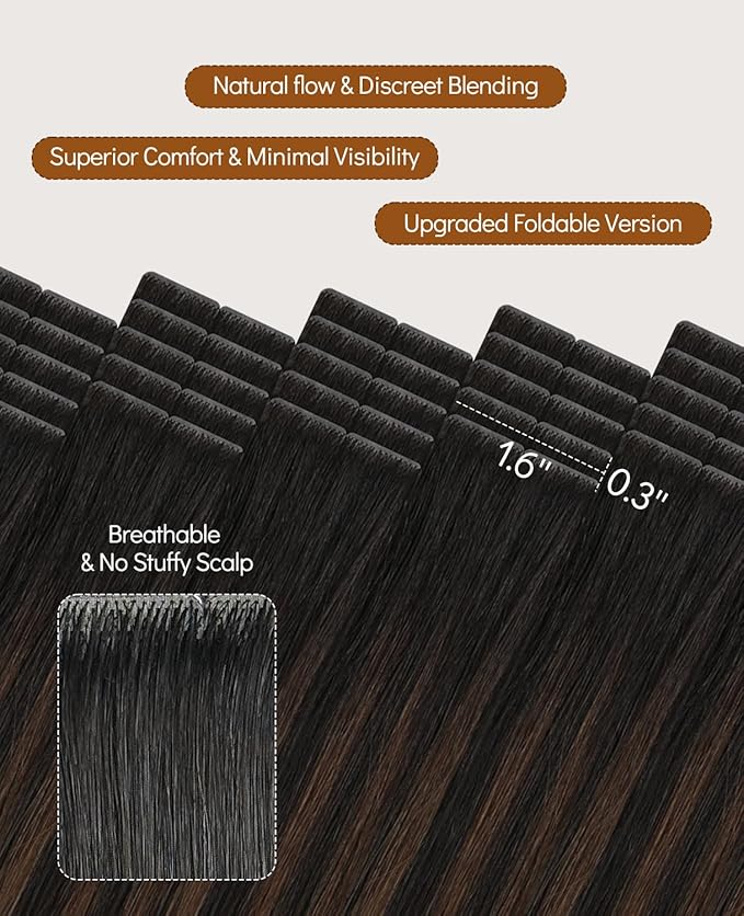 VINBAO Invisi Edge Tape in Hair Extensions Human Hair 20pcs Invisible Injected Tape in Extensions Pro Quality Ombre Natural Black to Chocolate Brown 40g 14inch #1BT4