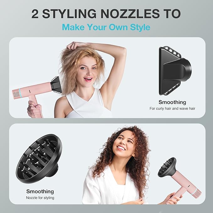 Ionic Hair Dryer with Diffuser and Concentrator, Professional Lightweight Quiet Blow Dryer, Powerful 1600 Watt Motor for Fast Drying and Straight & Wavy Hair, 3 Temps/2 Speeds, 6.56 Ft Cord, Pink