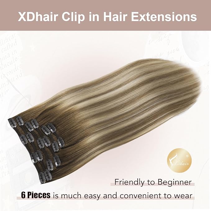 XDhair Clip in Hair Extensions Human Hair 120g 20 Inch 6pcs Balayage Color 3 Darker Brown to 8 Ash Brown and 22 Golden Blonde Double Drown Clip in Hair Extensions(20”, 3/8/22)