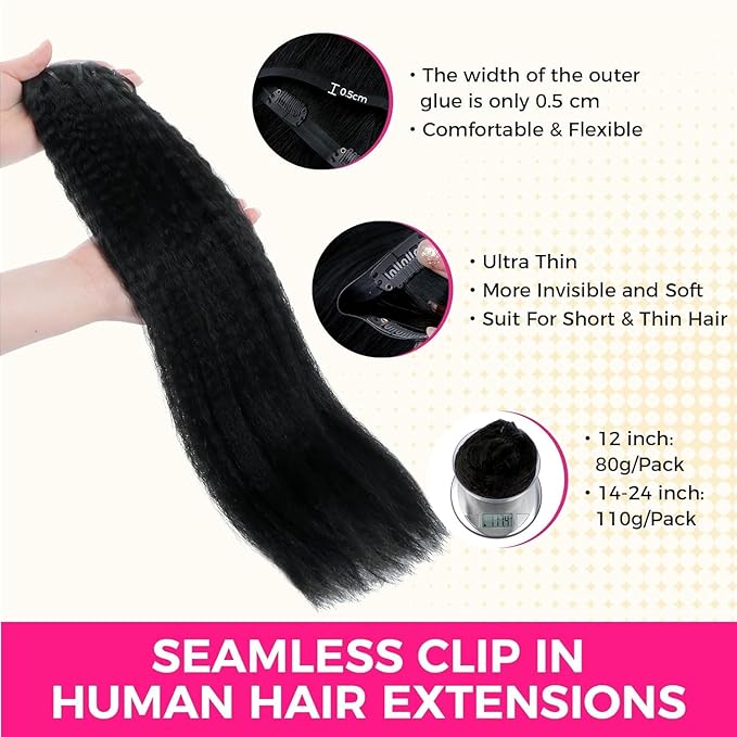 Lashey Seamless Clip in Hair Extensions Human Hair #1 Jet Black 22 Inch 110g 7pcs Kinky Straight Human Hair Clip in Hair Extensions with Soft PU Weft