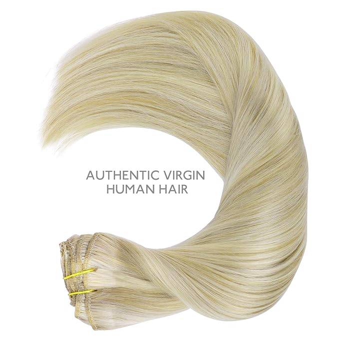 WENNALIFE Hair Extensions Clip In, 9pcs 14inch 150g Ash Blonde Highlighted Platinum Blonde Thicker Clip In Hair Extensions Real Human Hair Remy hair extension Double Weft Clip in Human Hair Extensions