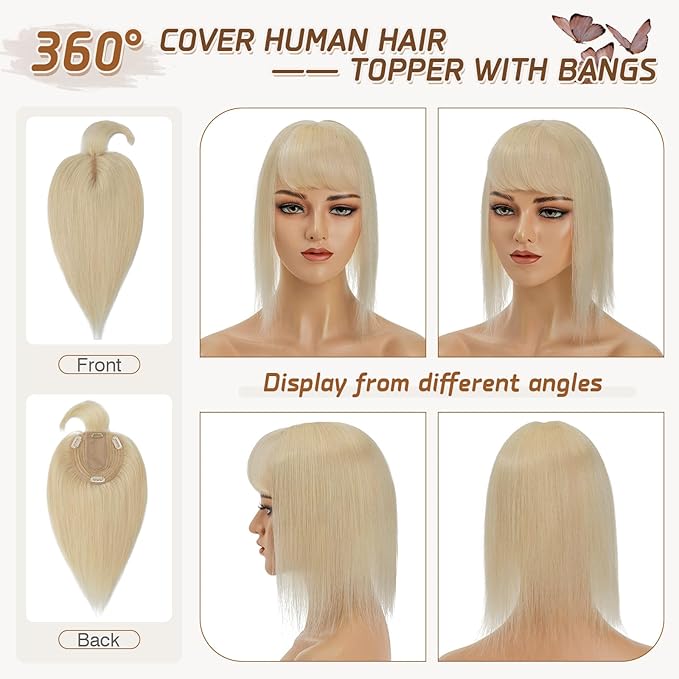 Rich Choices Real Human Hair Toppers for Women With Bang 100% Remy Human Hair Topper for Thinning Hair Clip in Silk Base Hair Topper 14 Inch #613 Bleach Blonde
