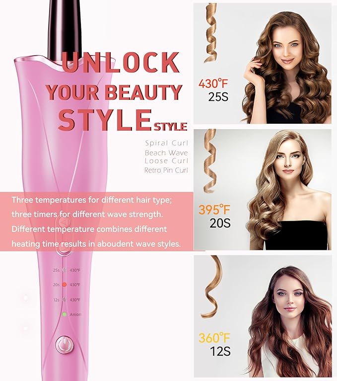 Automatic Curling Iron, Curling Wand Self Rotating for Medium and Long Hair, with Guider Rod - Easy to Use, No Burns, No Tangle, Fast Curl, 1 Inch, Dual Voltage, Automatic Hair Curler for Teen Girls