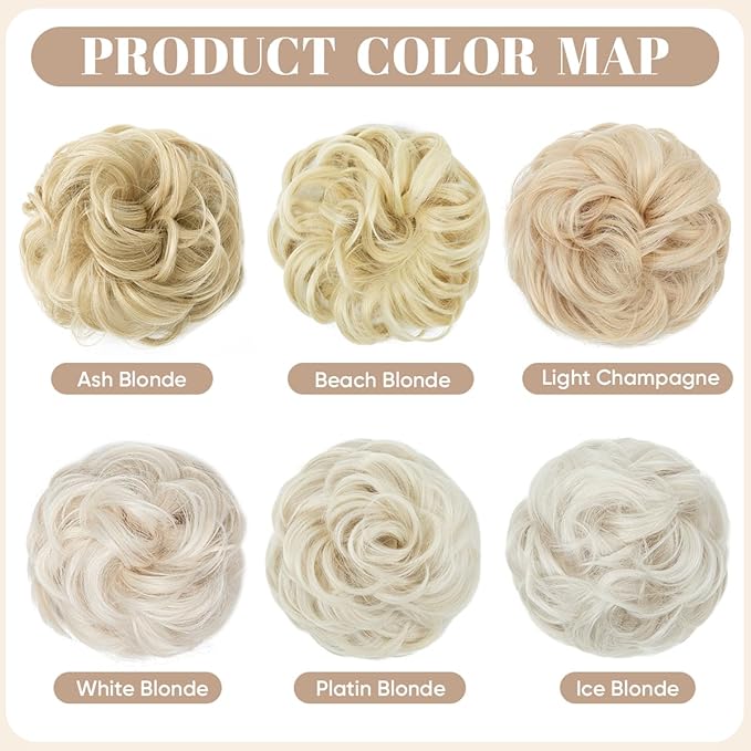 SARLA 2PCS Messy Hair Bun Hair Pieces Wavy Curly Synthetic Updo Fake Scrunchies Ponytail Extension for Women Platinum Blonde