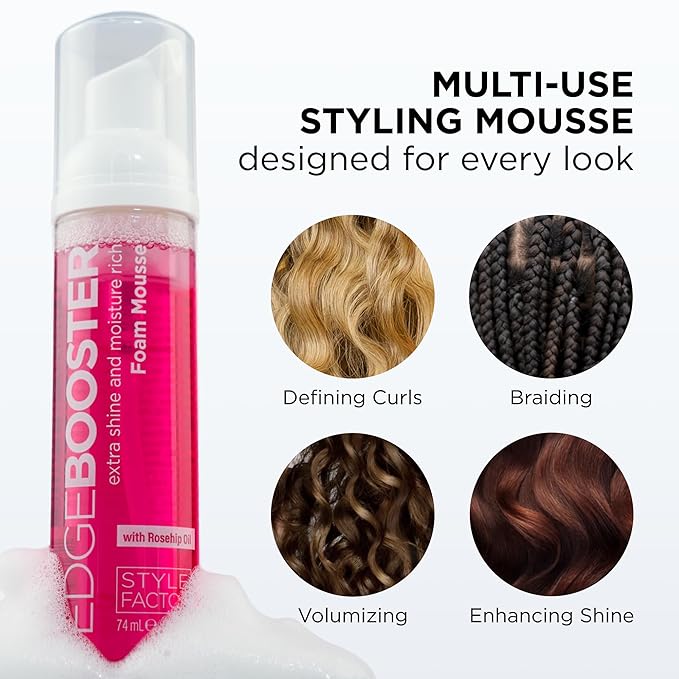 Style Factor EDGE BOOSTER Extra Shine & Moisture Rich Foam Mousse | Lightweight Styling for Curls, Waves, Braids, Locs & Protective Styles | Volume & Shine | With Rosehip Oil | 9 fl oz