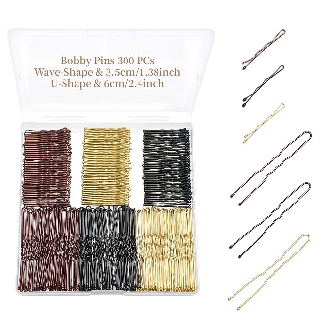 300 Pcs 1.38 Inch Wave-Shaped and U-Shaped Bobby Pins Mix Metal Hair Pins Hair Accessories for Women Stylists Hair Sticks Girl