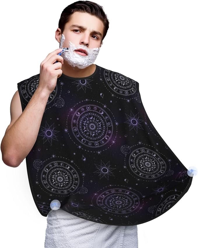 Beard Shaving Cape with Suction Cups, Sacred Geometric Symbol Purple Space Galaxy Stars Mystic Sun Moon Shave Bib, Non-Stick Waterproof Hair Catcher, Grooming Bib for Men Husband