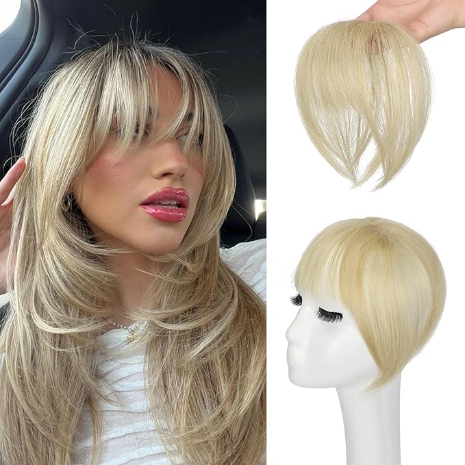 Bangs Hair Clip in Bangs 360°3D Cover Hair Topper Synthetic HairPieces for Women Ash blonde mix Bleach Blonde Wispy Fake Bangs Toppers for Daily Wear