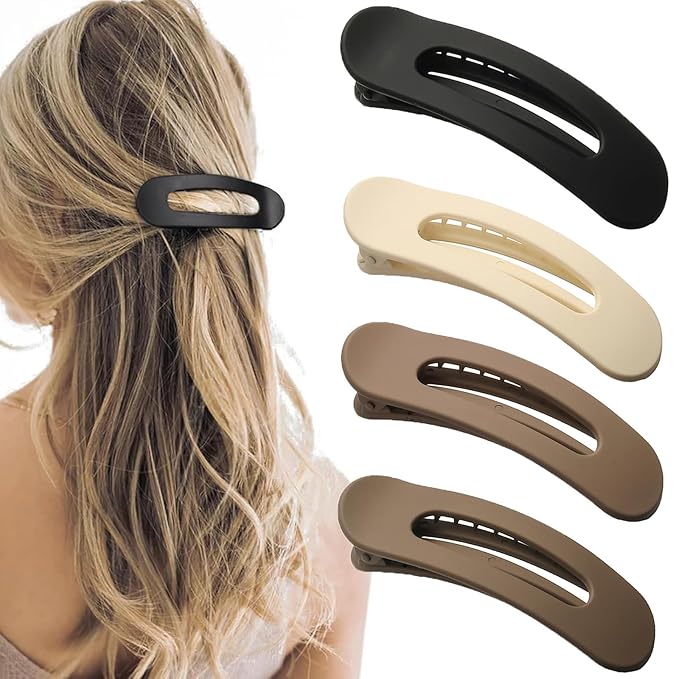 4 PCS Flat Claw Clips, Large Lay Flat Hair Clips for Women Girls, Strong Hold Non-slip Hair Claws for Thick Thin Hair (Matte 3)