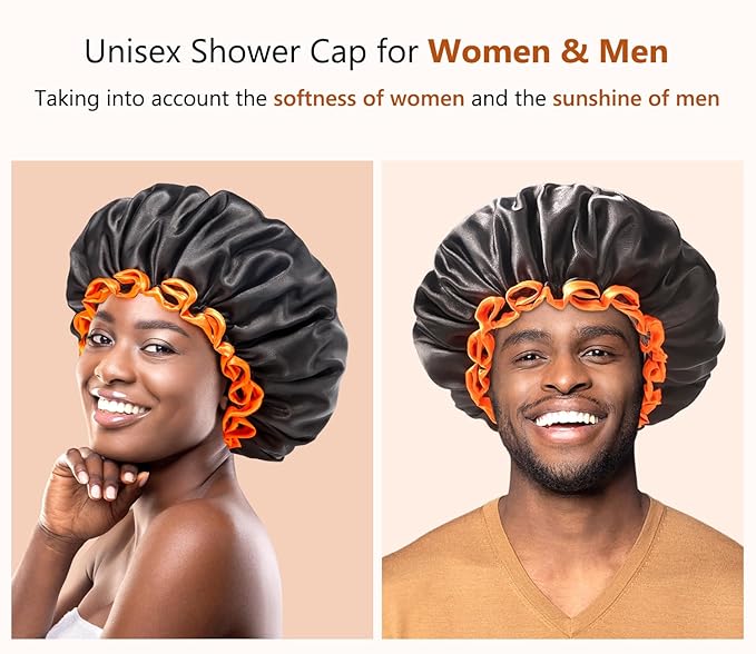 mikimini Small Black Shower Caps Pack of 2 for Kid, Double Layers Waterproof Bathing Hair Cap with Reusable Soft Comfortable PEVA Lining, Cute, Non-fading & Stretchy Shower Hat Small Pack of 2, Black + Orange