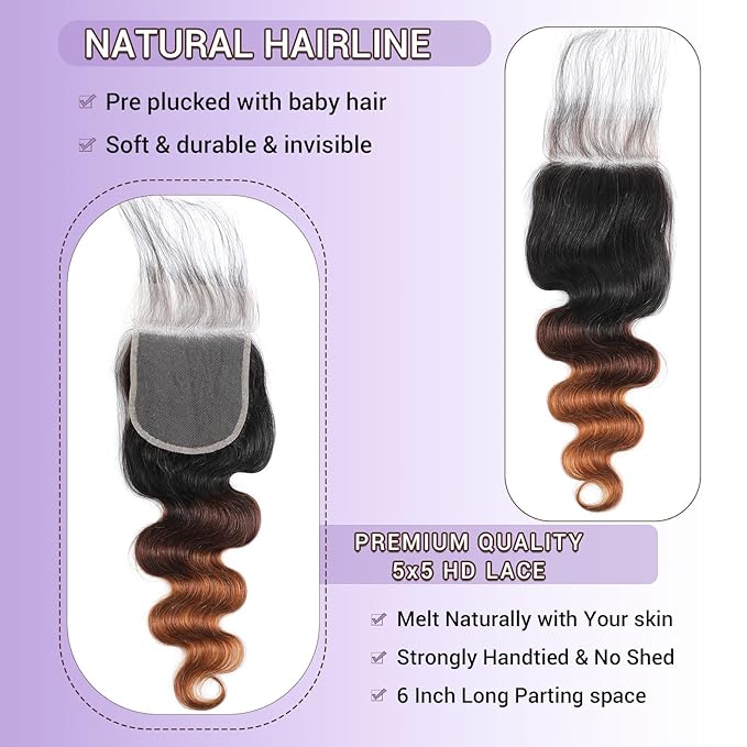 Ombre 5x5 Lace Closure Body Wave Chestnut Brown T1B/2/30 5x5 Transparent hd Lace Closure 100% Real Human Hair 18 Inch 150% Density