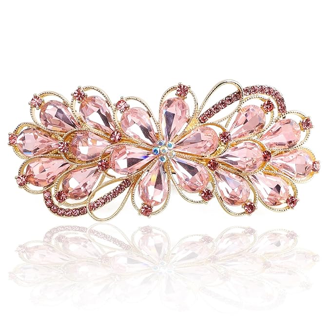 Large Gorgeous Rhinestone Hair Barrette for Women, Flower Jewelry Design (Pink)