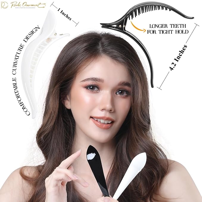 RC ROCHE 6 Pcs Duck Bill Alligator Hair Clips for Women Sectioning Flat Claw Long Thick Hair Inner Teeth Curved Styling Jaw Strong Secure Grip Salon, Large Black & White