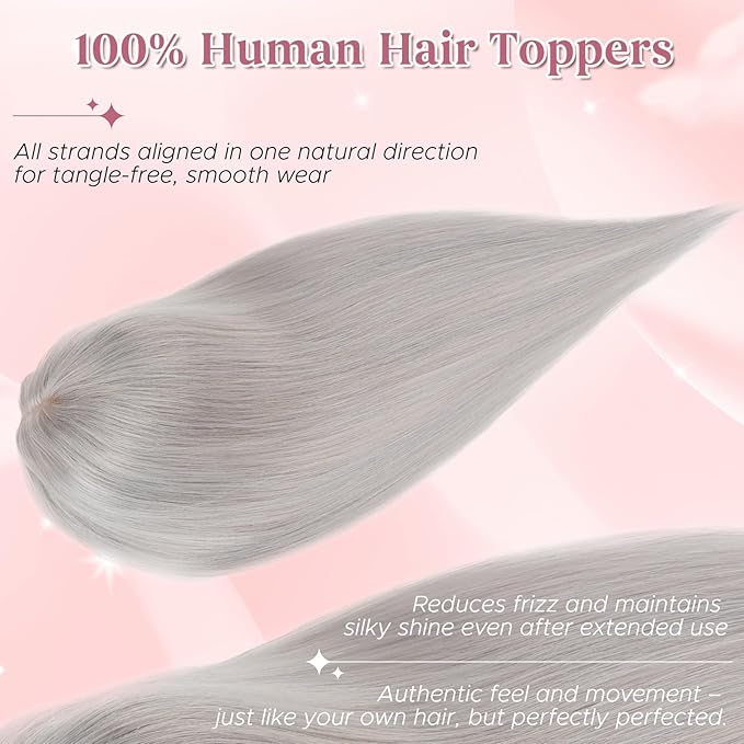 Real Human Hair Toppers for Women 3.54"*4.72" Silky Base 150% Density No Bangs Adjustable Parting Clip-In Topper Hairpieces for Women with Thinning Hair 14 Inches Silver Grey