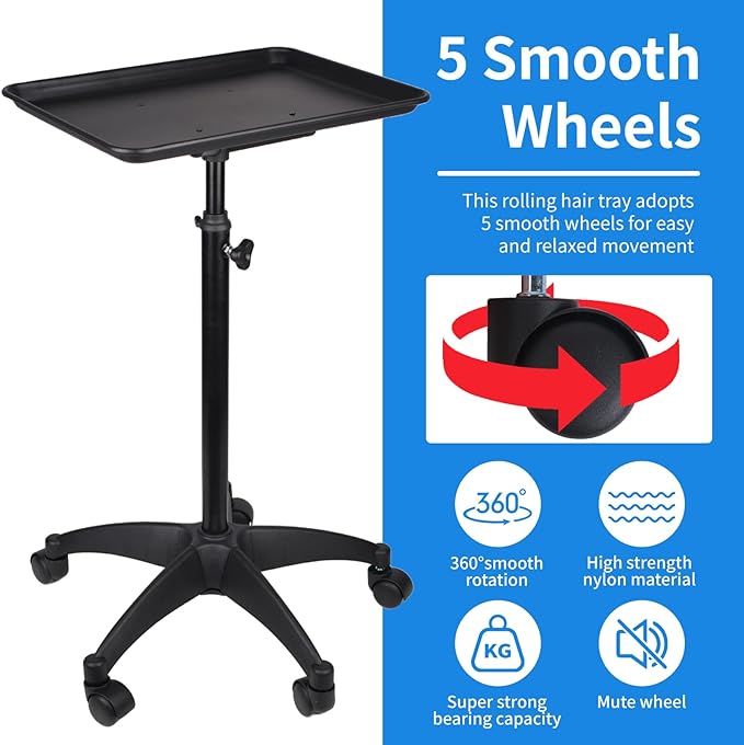 Rolling Salon Tray, Adjustable Salon Tray on Wheels, Premium Aluminum Tattoo Tray Cart for Spa Clinic, Black