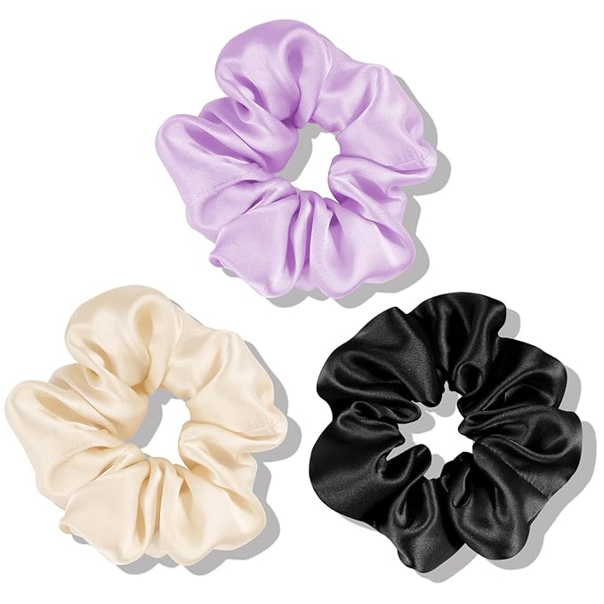 OLESILK 100% Mulberry Silk-Scrunchies for Hair Sleep, Women Grils Silk Hair Ties for Frizz & Breakage Curly Hair, No Damage, Elastics Ponytail Holder, 3 Pack